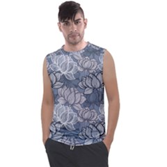 Art Deco Blue And Grey Lotus Flower Leaves Floral Japanese Hand Drawn Lily Men s Regular Tank Top by DigitalArsiart