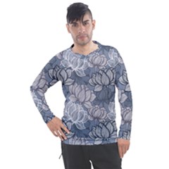 Art Deco Blue And Grey Lotus Flower Leaves Floral Japanese Hand Drawn Lily Men s Pique Long Sleeve Tee