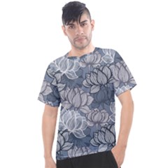 Art Deco Blue And Grey Lotus Flower Leaves Floral Japanese Hand Drawn Lily Men s Sport Top by DigitalArsiart