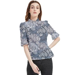 Art Deco Blue And Grey Lotus Flower Leaves Floral Japanese Hand Drawn Lily Frill Neck Blouse