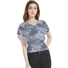 Art Deco Blue And Grey Lotus Flower Leaves Floral Japanese Hand Drawn Lily Butterfly Chiffon Blouse