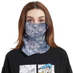 Art Deco Blue And Grey Lotus Flower Leaves Floral Japanese Hand Drawn Lily Face Covering Bandana (two Sides)