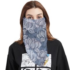 Art Deco Blue And Grey Lotus Flower Leaves Floral Japanese Hand Drawn Lily Face Covering Bandana (triangle) by DigitalArsiart