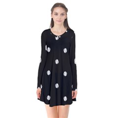 Black And White Baseball Motif Pattern Long Sleeve V-neck Flare Dress by dflcprintsclothing