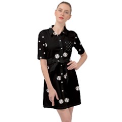 Black And White Baseball Motif Pattern Belted Shirt Dress by dflcprintsclothing