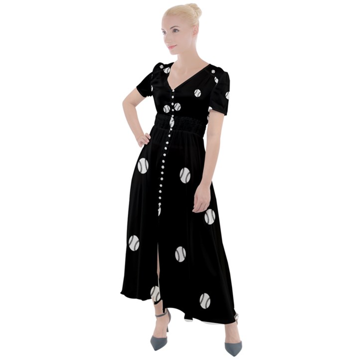 Black And White Baseball Motif Pattern Button Up Short Sleeve Maxi Dress