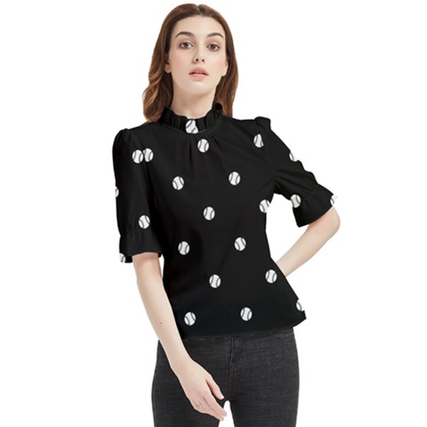 Black And White Baseball Motif Pattern Frill Neck Blouse by dflcprintsclothing