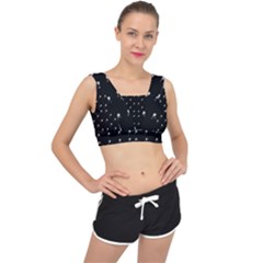 Black And White Tennis Motif Print Pattern V-back Sports Bra by dflcprintsclothing