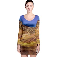 Colored Mountains Landscape, La Rioja, Argentina Long Sleeve Bodycon Dress by dflcprintsclothing