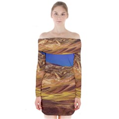 Colored Mountains Landscape, La Rioja, Argentina Long Sleeve Off Shoulder Dress by dflcprintsclothing