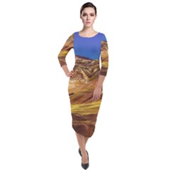 Colored Mountains Landscape, La Rioja, Argentina Quarter Sleeve Midi Velour Bodycon Dress by dflcprintsclothing