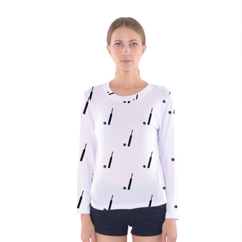 Black And White Cricket Sport Motif Print Pattern Women s Long Sleeve Tee by dflcprintsclothing