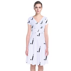 Black And White Cricket Sport Motif Print Pattern Short Sleeve Front Wrap Dress