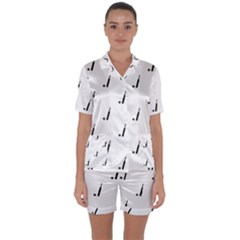 Black And White Cricket Sport Motif Print Pattern Satin Short Sleeve Pyjamas Set by dflcprintsclothing