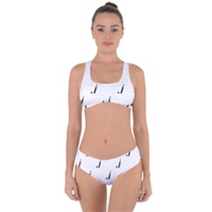 Black And White Cricket Sport Motif Print Pattern Criss Cross Bikini Set by dflcprintsclothing