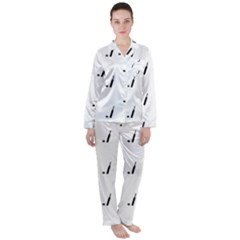 Black And White Cricket Sport Motif Print Pattern Satin Long Sleeve Pyjamas Set by dflcprintsclothing