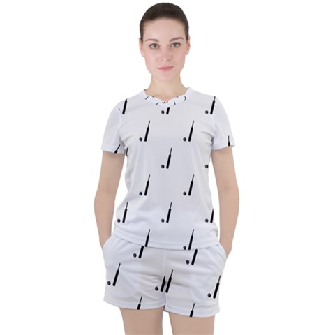 Black And White Cricket Sport Motif Print Pattern Women s Tee And Shorts Set by dflcprintsclothing