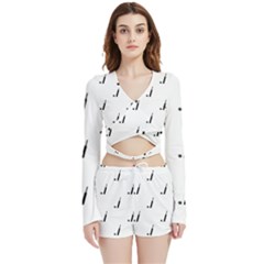 Black And White Cricket Sport Motif Print Pattern Velvet Wrap Crop Top And Shorts Set