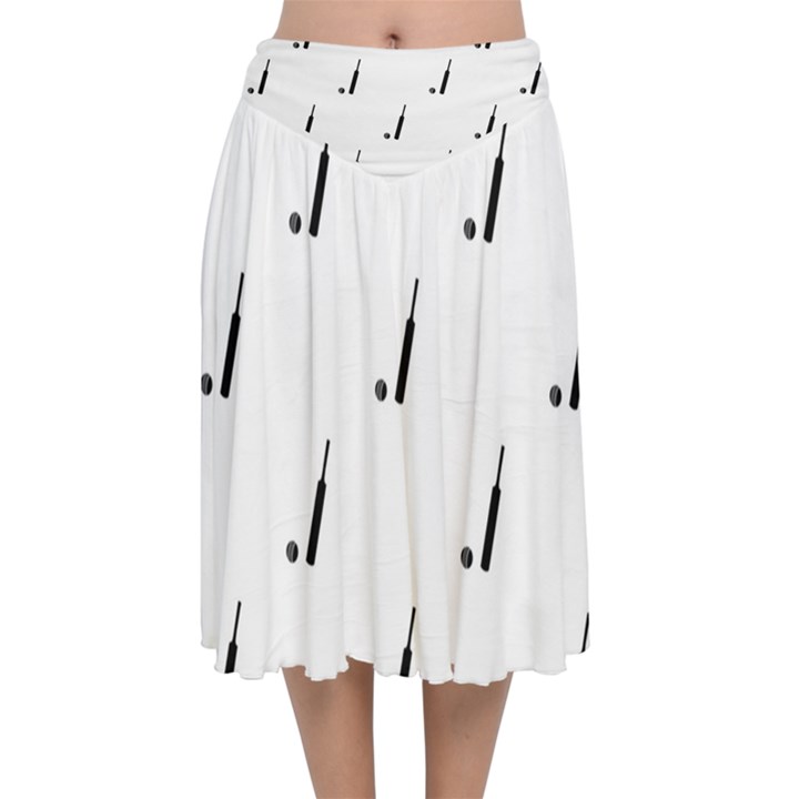 Black And White Cricket Sport Motif Print Pattern Velvet Flared Midi Skirt