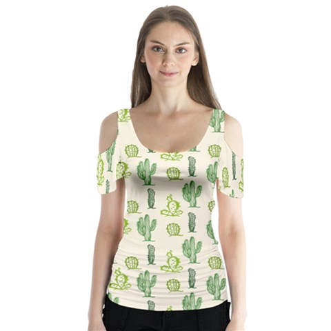 Cactus Pattern Butterfly Sleeve Cutout Tee  by goljakoff