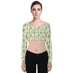 Cactus Pattern Velvet Long Sleeve Crop Top by goljakoff