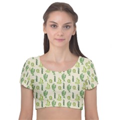 Cactus Pattern Velvet Short Sleeve Crop Top  by goljakoff