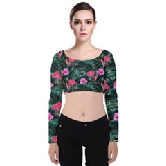 Pink Flamingo Velvet Long Sleeve Crop Top by goljakoff