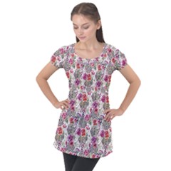 Geometric Flowers Puff Sleeve Tunic Top by goljakoff