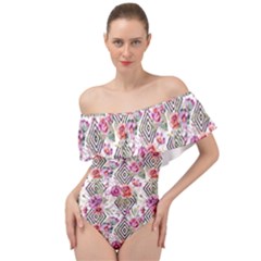 Geometric Flowers Off Shoulder Velour Bodysuit  by goljakoff