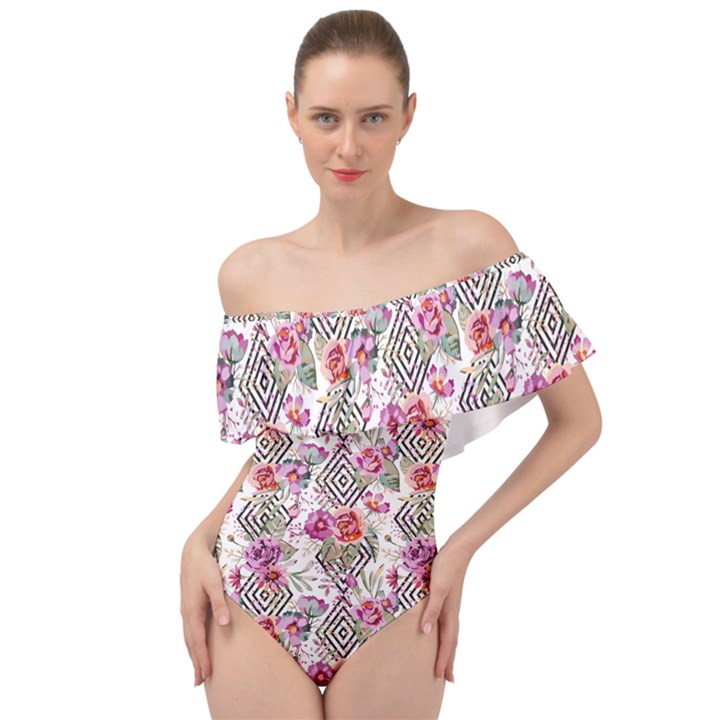 Geometric flowers Off Shoulder Velour Bodysuit 