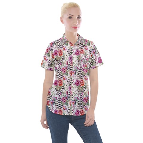 Geometric Flowers Women s Short Sleeve Pocket Shirt by goljakoff