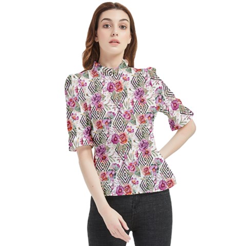 Geometric Flowers Frill Neck Blouse by goljakoff