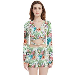 Tropical Flamingos Velvet Wrap Crop Top And Shorts Set