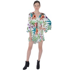 Tropical Flamingos V-neck Flare Sleeve Mini Dress by goljakoff