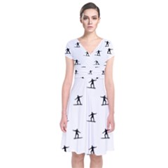 Black And White Surfing Motif Graphic Print Pattern Short Sleeve Front Wrap Dress