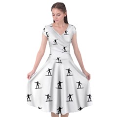 Black And White Surfing Motif Graphic Print Pattern Cap Sleeve Wrap Front Dress