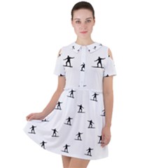 Black And White Surfing Motif Graphic Print Pattern Short Sleeve Shoulder Cut Out Dress 