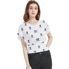 Black And White Surfing Motif Graphic Print Pattern Butterfly Chiffon Blouse