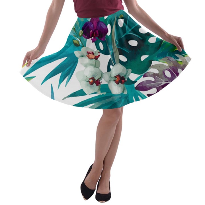 Tropical flowers A-line Skater Skirt