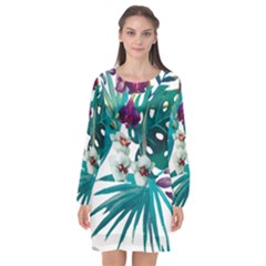 Tropical Flowers Long Sleeve Chiffon Shift Dress  by goljakoff