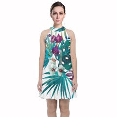 Tropical Flowers Velvet Halter Neckline Dress  by goljakoff