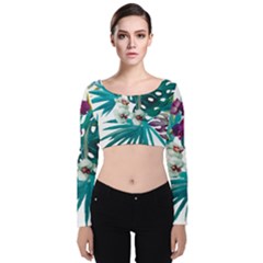 Tropical Flowers Velvet Long Sleeve Crop Top by goljakoff