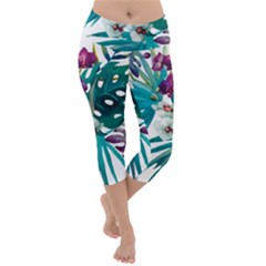 Tropical Flowers Lightweight Velour Capri Yoga Leggings by goljakoff