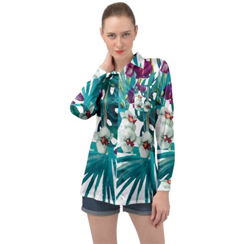 Tropical Flowers Long Sleeve Satin Shirt by goljakoff