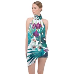 Tropical Flowers Halter Asymmetric Satin Top by goljakoff