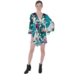 Tropical Flowers V-neck Flare Sleeve Mini Dress by goljakoff