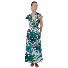 Tropical Flowers Flutter Sleeve Maxi Dress by goljakoff