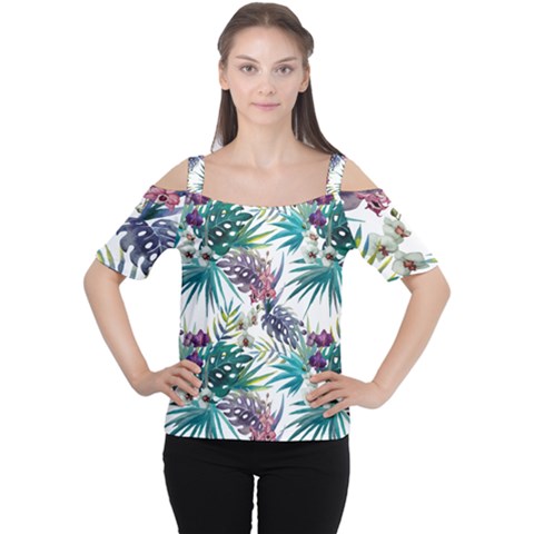 Tropical Flowers Cutout Shoulder Tee by goljakoff