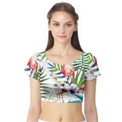 Tropical Flamingo Short Sleeve Crop Top by goljakoff