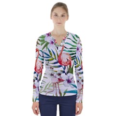 Tropical Flamingo V-neck Long Sleeve Top by goljakoff